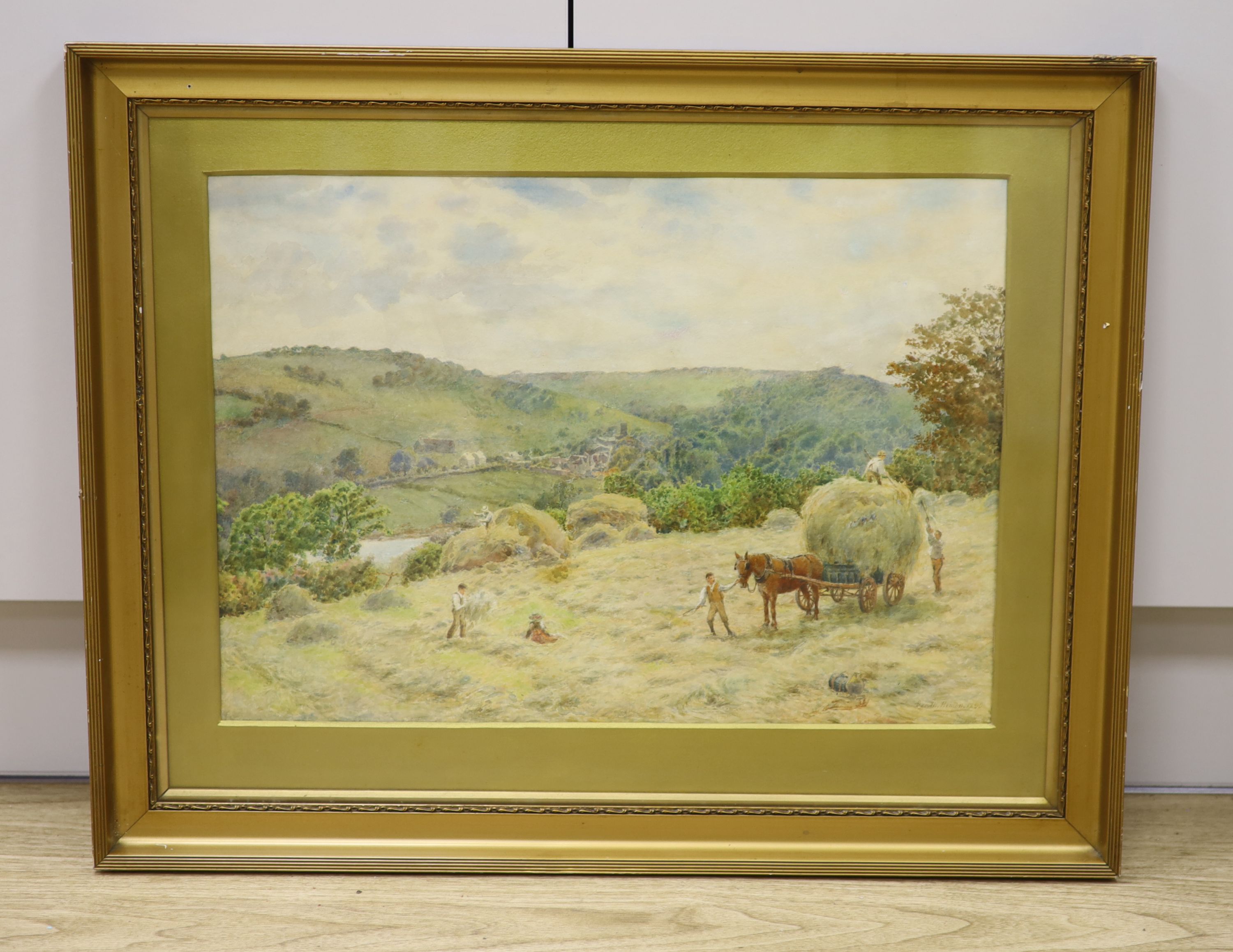George M. Henton (1861-1924), watercolour, Village of River from Crabble Hill near Dover, signed and dated 1890, 35 x 49cm